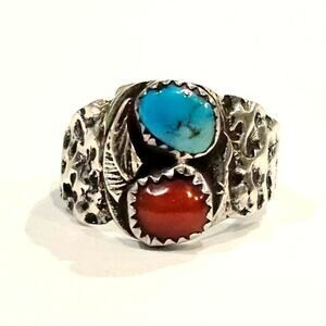 Vintage Navajo Sterling Silver Turquoise and Coral Ring